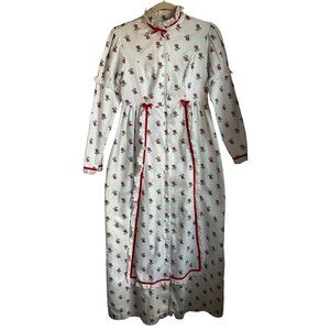 VTG Mr Jac Sz Small Maxi Dress Roses Praire Button down Cotton Ruffles Bows**Rea